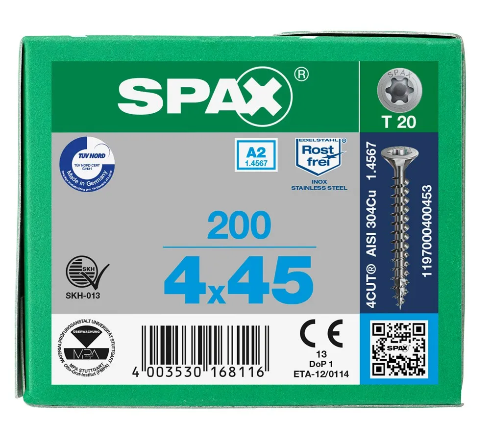 SPAXS SPAANPLAATSCHROEF RVS PLATKOP TX20 4,0X45MM VOLDRAAD