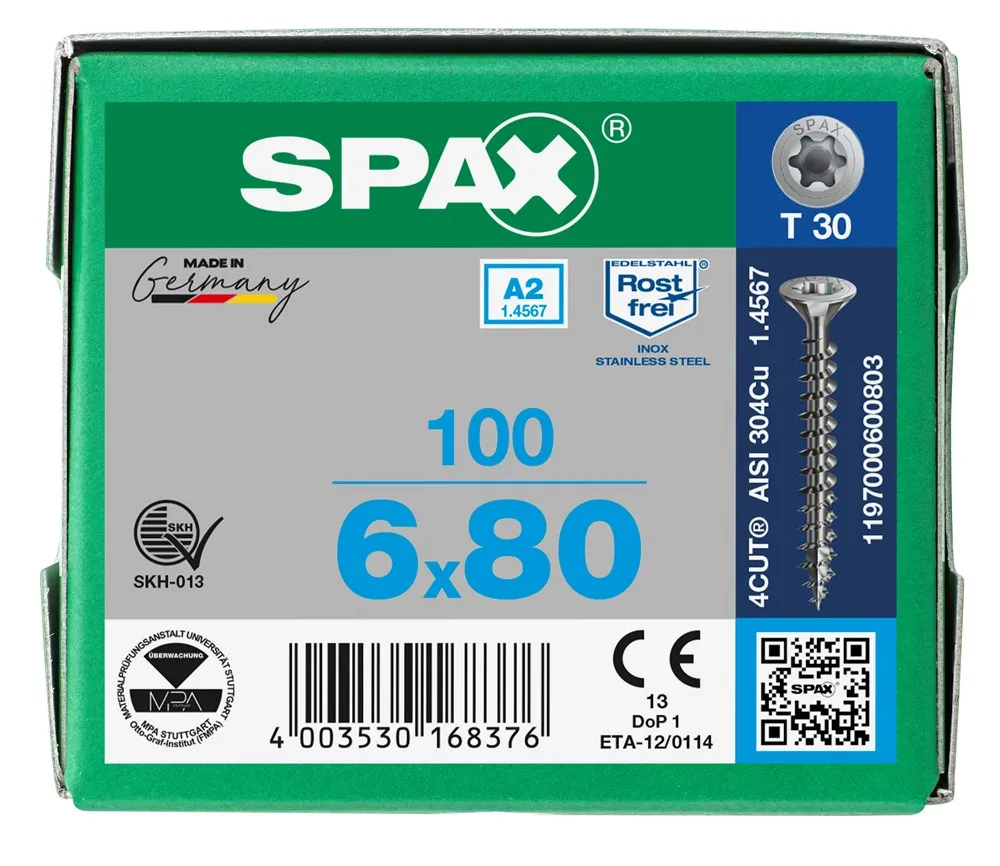 SPAXS SPAANPLAATSCHROEF RVS PLATKOP TX30 6,0X80MM VOLDRAAD