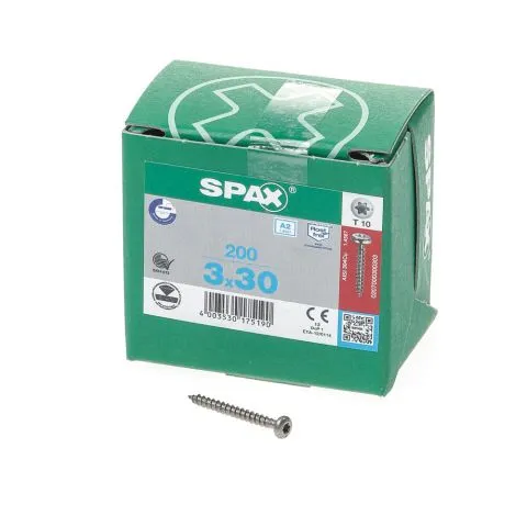 SPAX SPAANPLAATSCHROEF CILINDERKOP RVS TSTAR T10 3.0X30MM (PER 200 STUKS)