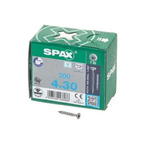 SPAX SPAANPLAATSCHROEF PLATVERZONKEN KOP RVS TSTAR T20 VOLDRAAD 4.0X30MM (PER 200 STUKS)