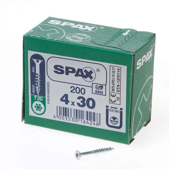 SPAX SPAANPLAATSCHROEF PLATVERZONKEN KOP VERZINKT TSTAR T20 DEELDRAAD 4.0X30MM (PER 200 STUKS)