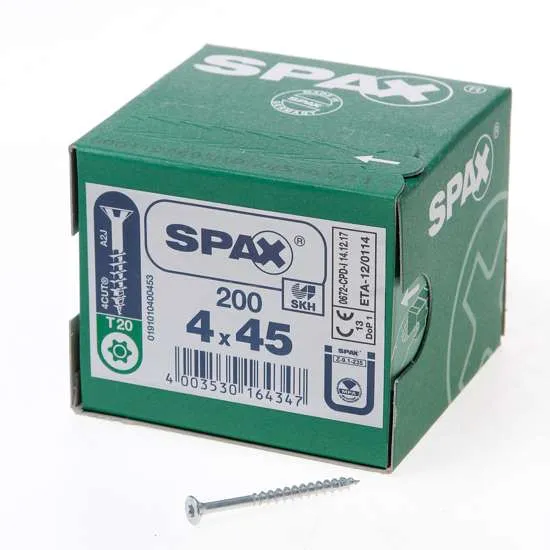 SPAX SPAANPLAATSCHROEF PLATVERZONKEN KOP VERZINKT TSTAR T20 DEELDRAAD 4.0X45MM (PER 200 STUKS)
